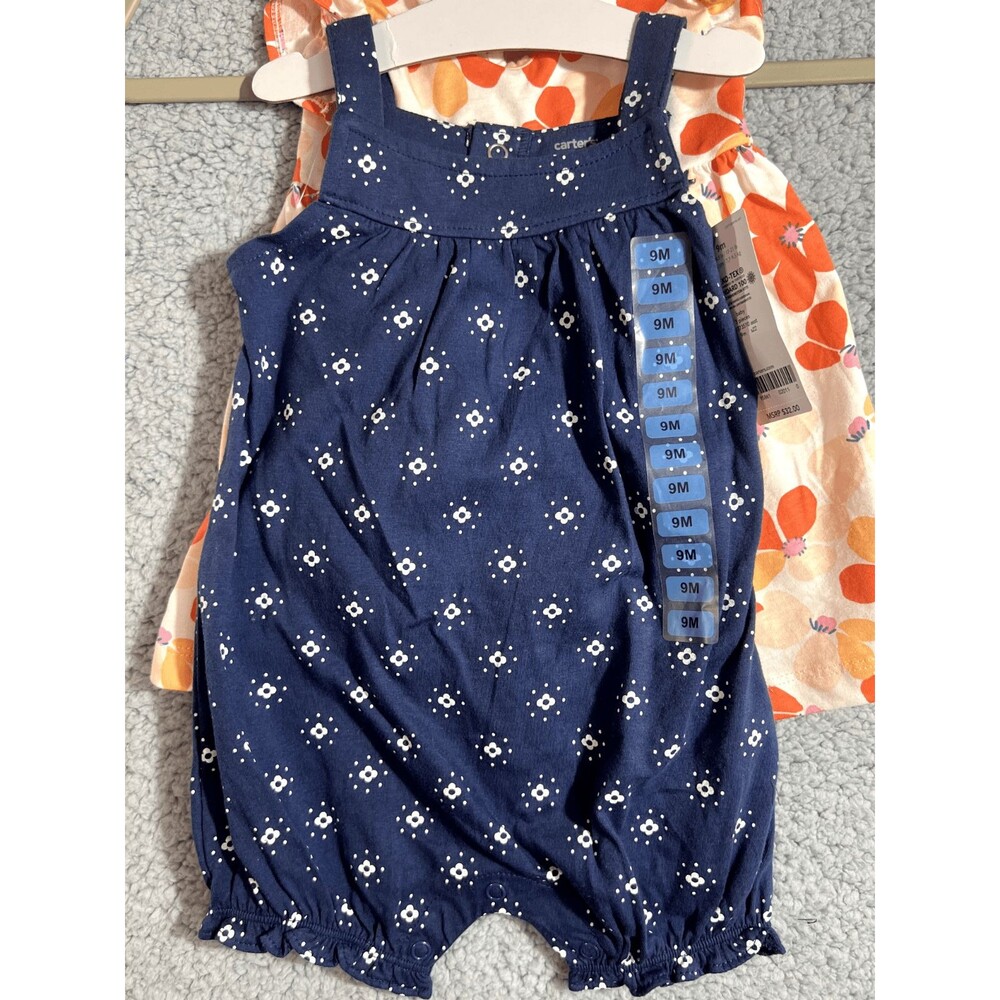 Carters 2 Piece Floral Hawaiian Orange & Navy Blue short sleeve one piece 9 mon